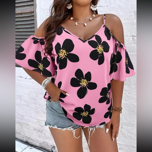Plus boho hot pink floral print cold shoulder blouse - Picture 14 of 15